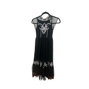 Joyfolie Black Mesh Midi Dress with White Embroidery